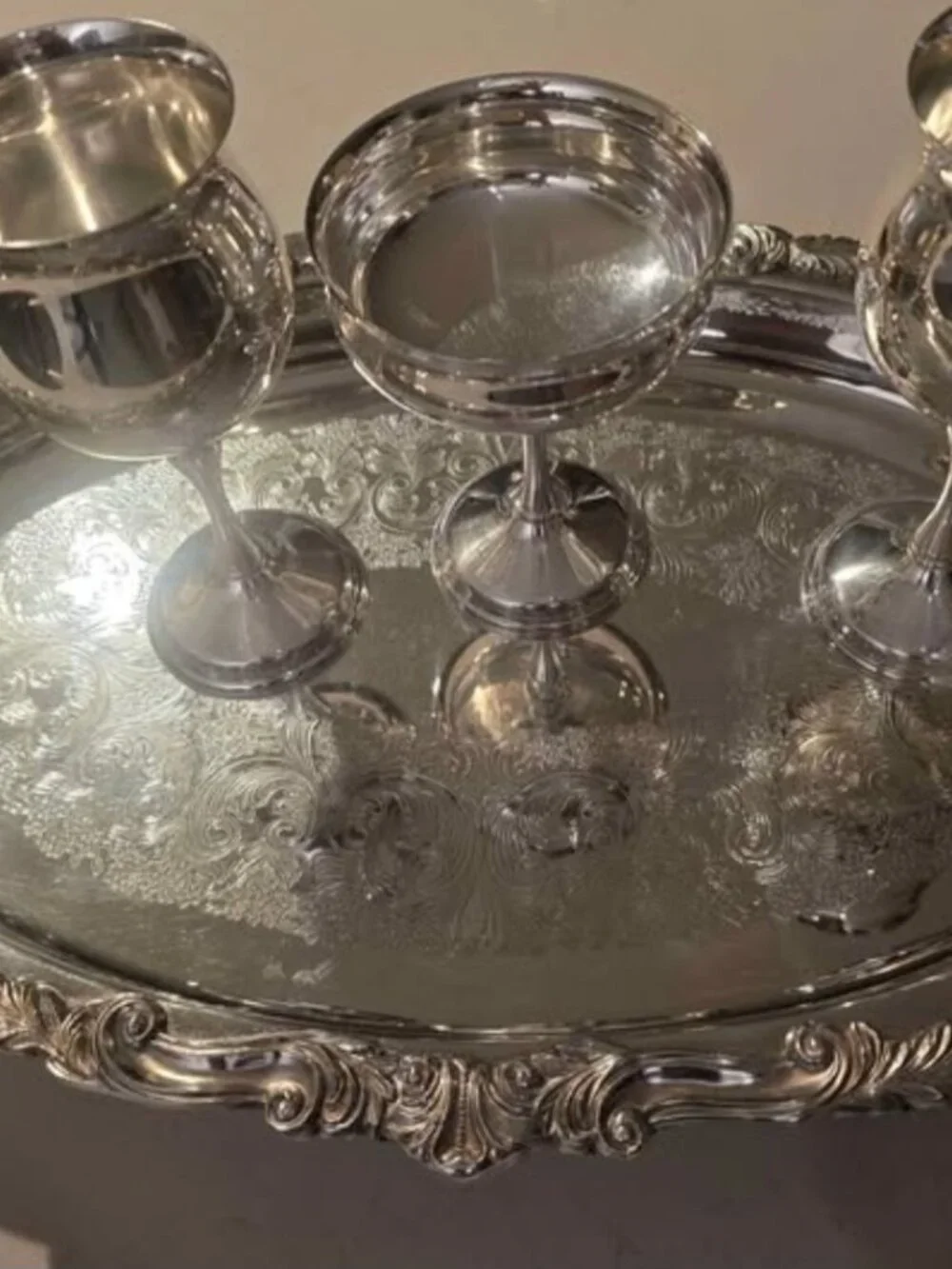 vintage kirk Silver Plated Footed Serving Tray and 3 cups.